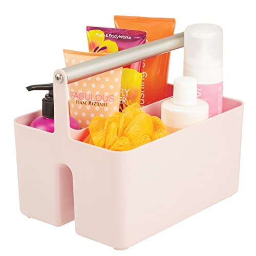 mDesign Plastic Shower Caddy Storage Organizer Utility Tote, Divided Basket Bin - Metal Handle for Bathroom, Dorm, Kitchen, Holds Soap, Shampoo, Conditioner - Aura Collection - Light Pink/Satin