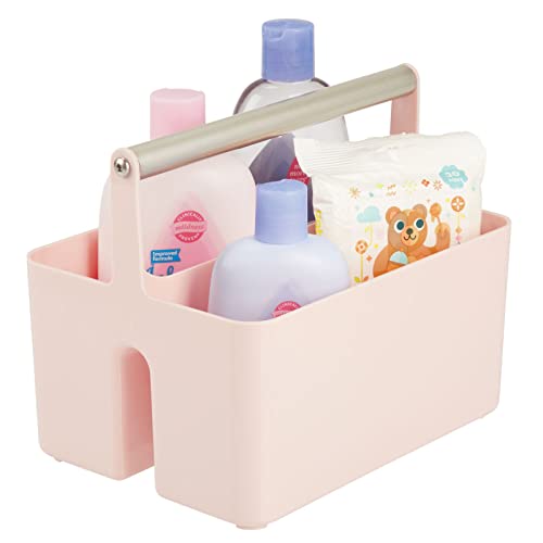 mDesign Plastic Shower Caddy Storage Organizer Utility Tote, Divided Basket Bin - Metal Handle for Bathroom, Dorm, Kitchen, Holds Soap, Shampoo, Conditioner - Aura Collection - Light Pink/Satin