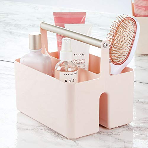 mDesign Plastic Shower Caddy Storage Organizer Utility Tote, Divided Basket Bin - Metal Handle for Bathroom, Dorm, Kitchen, Holds Soap, Shampoo, Conditioner - Aura Collection - Light Pink/Satin