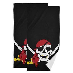 jucciaco pirate skull hand towels for bathroom kitchen, absorbent bath hand towel set of 2 decorative, soft polyester cotton towels for hand, 28x14 inch