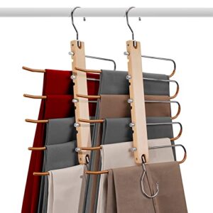 ulimart pants hangers 2pcs pants hangers space saving,wooden multiple layers pants rack with non-slip rubber coating pants organizer for trousers scarves slack