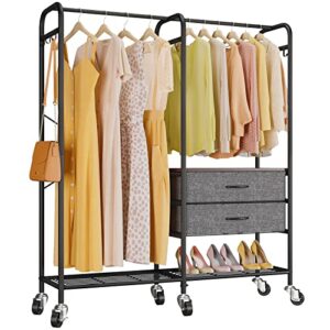 timate p4 rolling clothes rack for hanging clothes portable freestanding garment rack with lockable wheels, heavy duty clothing rack with storage drawers hanging rods side hooks wire shelves, black