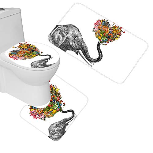 Amagical Colorful Elephant Flowers Decor 16 Piece Bathroom Mat Set Shower Curtain Set Bathroom Mat Contour Mat Toilet Cover Shower Curtain with 12 Hooks