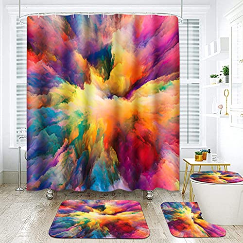 ArtSocket 4 Pcs Shower Curtain Set Yellow Red Teal Colorful Modern Abstract Paintingwith Non-Slip Rugs Toilet Lid Cover and Bath Mat Bathroom Decor Set 72" x 72"