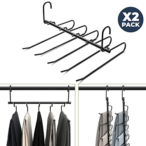 Pants Hangers Space Saving - 2 Pack Aluminum Pant Organizer for Closet Organization, Multiple Pants Hangers for Closet, Multifunctional Pants Rack Hanger, Jean Hangers, Scarf Organizer