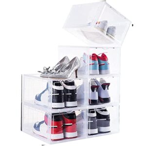 6 pack wanhux shoe box organizer，stackable plastic shoe box with clear door，transparent shoe box storage，as shoe storage box and clear shoe box,for display sneakers,easy assembly,fit up to us size 12(13.6”x 10.6”x 6.7”)