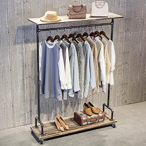 Industrial Pipe Clothing Rack on Wheels,Vintage Rolling Rack for Hanging Clothes,Retail Display Clothing Racks with Shelves,Wooden Garment Rack with Wheels,Heavy Duty Clothes Rack Cloths Coat Rack