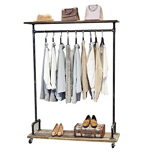 Industrial Pipe Clothing Rack on Wheels,Vintage Rolling Rack for Hanging Clothes,Retail Display Clothing Racks with Shelves,Wooden Garment Rack with Wheels,Heavy Duty Clothes Rack Cloths Coat Rack