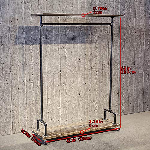 Industrial Pipe Clothing Rack on Wheels,Vintage Rolling Rack for Hanging Clothes,Retail Display Clothing Racks with Shelves,Wooden Garment Rack with Wheels,Heavy Duty Clothes Rack Cloths Coat Rack