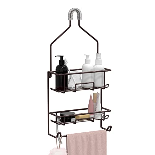 Shower Caddy Hanging over Shower Head Rust Roof Shower Organizer with 10 Hooks for Razor Shampoo Holder Bathroom Shower Rack Storage Shelf with Towel Bar – Bronze