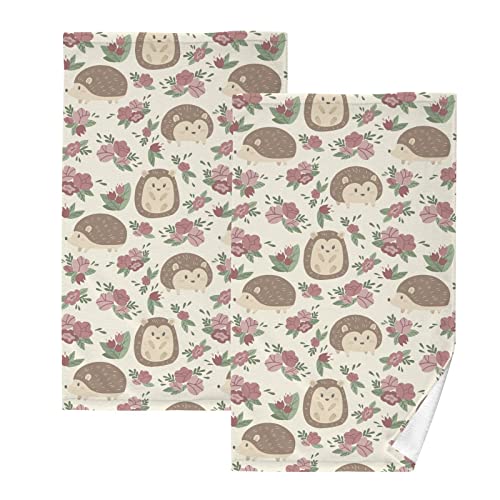 Jucciaco Cute Hedgehogs Pink Flowers Cotton Towels for Bathroom, Soft Absorbent Hand Towel Set of 2 for Yoga Gym Kitchen Decorative, 16x28 inch