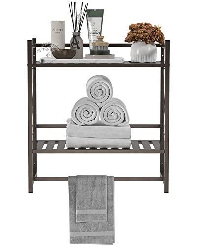 TZAMLI 2-Tier Towel Rack Wall Mounted Bathroom Shelves with Towel Bar, Floating Shelves Over Toilet, Metal Storage Shelf Shower Organizer, Brown