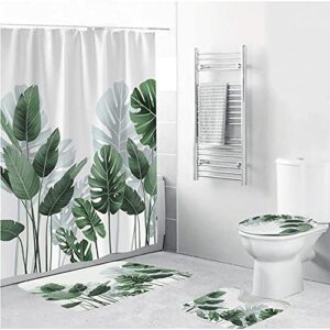 mjems shower curtain sets with bath rugs non-slip soft toilet lid cover, 4 pcs tropical leaves plant pattern shower curtain for bathroom decorations