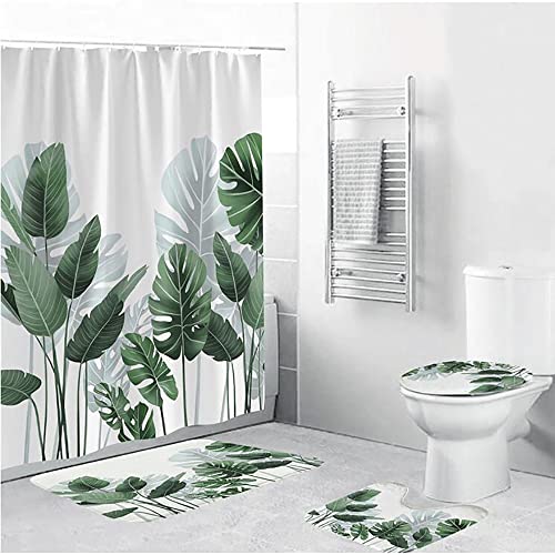 MJEMS Shower Curtain Sets with Bath Rugs Non-Slip Soft Toilet Lid Cover, 4 Pcs Tropical Leaves Plant Pattern Shower Curtain for Bathroom Decorations