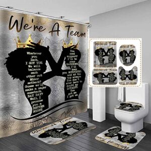 fashion&man olebety 4pcs african american shower curtain set, romanticcouple black queen king luxury goldcrown grey mandala flower inspirational quotes bathroom decor, non-slip bath mat, we're a team