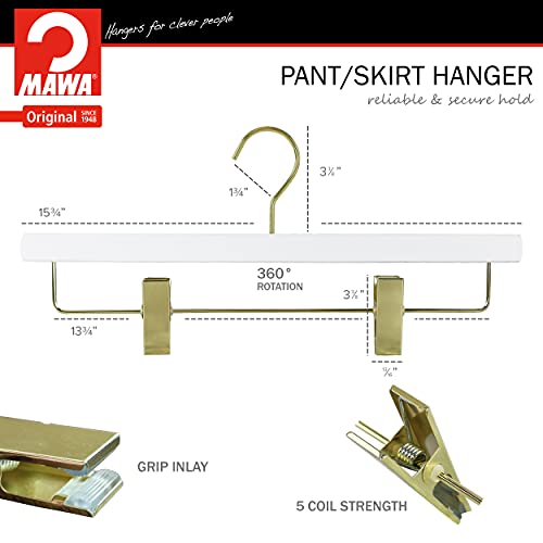 MAWA by Reston Lloyd, European Wooden Hanger, Beech Wood Hanger with Adjustable Pant Clips, Rotating Gold Hook, White Finish, for Pants, Shorts, & Skirt Clothes Hanger