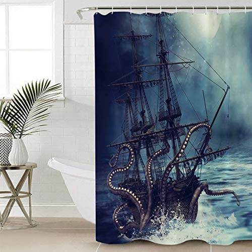 BestLives 4 Pcs Shower Curtain Sets with Rugs Ocean Kraken Octopus Sailboat Non-Slip Soft Toilet Lid Cover for Bathroom Retro Sketching Bathroom Sets with Bath Mat and 12 Hooks