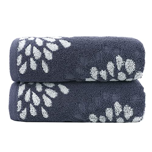 Pidada Hand Towels Set of 2 Hydrangea Floral Pattern 100% Cotton Absorbent Soft Decorative Towel for Bathroom (Denim Blue)