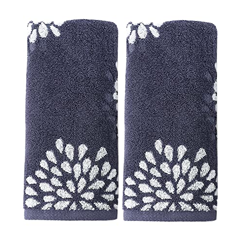 Pidada Hand Towels Set of 2 Hydrangea Floral Pattern 100% Cotton Absorbent Soft Decorative Towel for Bathroom (Denim Blue)