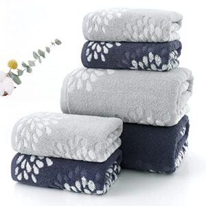 Pidada Hand Towels Set of 2 Hydrangea Floral Pattern 100% Cotton Absorbent Soft Decorative Towel for Bathroom (Denim Blue)