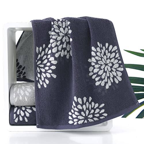 Pidada Hand Towels Set of 2 Hydrangea Floral Pattern 100% Cotton Absorbent Soft Decorative Towel for Bathroom (Denim Blue)