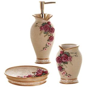 glarcy bathroom accessories set - soap dispenser, tumbler/toothbrush holder, and vanity tray - luxury hand painted decor