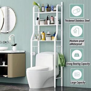 LUCKMETA Over The Toilet Storage Rack, 3-Tier Multifunctional Bathroom Organizer Shelf, Stable Storage Shelves, Easy Assembly, Space Saver, Metal, with Toilet Paper Holder and Hooks (White)