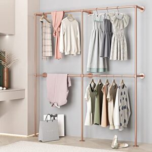 bosuru industrial pipe clothing rack wall mounted,clothes racks with double hanging rods for closet storage(rose gold)