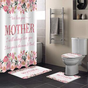 sabolny 4pcs bath set home decor, watercolor pink rose happy mother's day bathroom waterproof shower curtain with hook, non-slip rugs, toilet lid cover and u-shaped bath mat