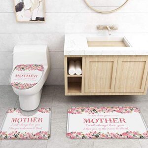 Sabolny 4Pcs Bath Set Home Decor, Watercolor Pink Rose Happy Mother's Day Bathroom Waterproof Shower Curtain with Hook, Non-Slip Rugs, Toilet Lid Cover and U-Shaped Bath Mat