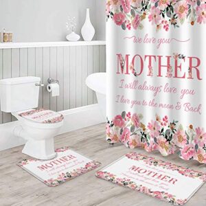 Sabolny 4Pcs Bath Set Home Decor, Watercolor Pink Rose Happy Mother's Day Bathroom Waterproof Shower Curtain with Hook, Non-Slip Rugs, Toilet Lid Cover and U-Shaped Bath Mat