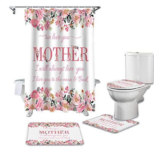 Sabolny 4Pcs Bath Set Home Decor, Watercolor Pink Rose Happy Mother's Day Bathroom Waterproof Shower Curtain with Hook, Non-Slip Rugs, Toilet Lid Cover and U-Shaped Bath Mat