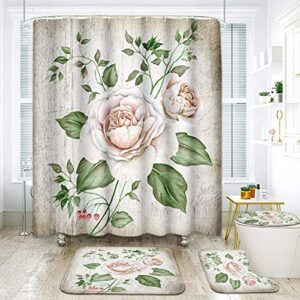 artsocket vintage roses bathroom sets with shower curtain and rugs and accessories,wooden flower shower curtain sets,vintage floral shower curtains for bathroom,romantic bouquet bathroom decor 4 pcs