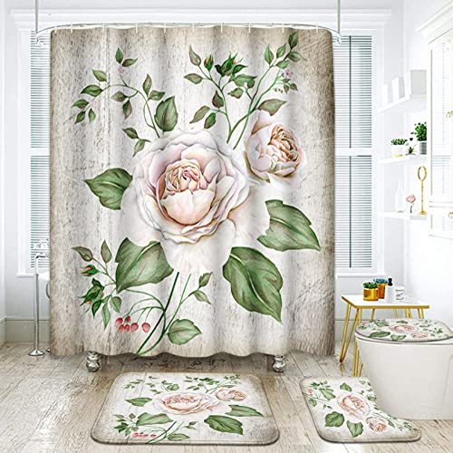 ArtSocket Vintage Roses Bathroom Sets with Shower Curtain and Rugs and Accessories,Wooden Flower Shower Curtain Sets,Vintage Floral Shower Curtains for Bathroom,Romantic Bouquet Bathroom Decor 4 Pcs