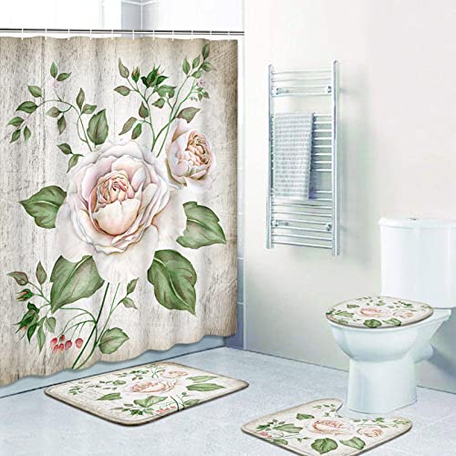 ArtSocket Vintage Roses Bathroom Sets with Shower Curtain and Rugs and Accessories,Wooden Flower Shower Curtain Sets,Vintage Floral Shower Curtains for Bathroom,Romantic Bouquet Bathroom Decor 4 Pcs