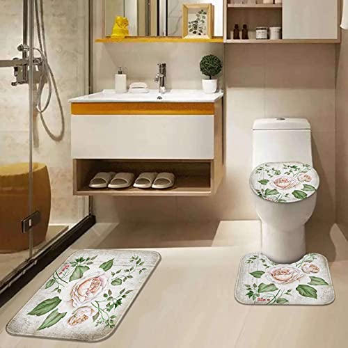 ArtSocket Vintage Roses Bathroom Sets with Shower Curtain and Rugs and Accessories,Wooden Flower Shower Curtain Sets,Vintage Floral Shower Curtains for Bathroom,Romantic Bouquet Bathroom Decor 4 Pcs