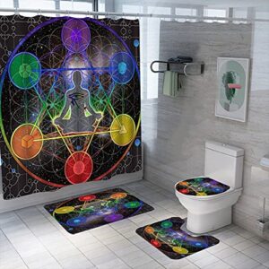 FFjingpu Colorful Chakras Shower Curtain Set Waterproof Washable Polyester Bath Curtain Anti-Slip Rugs Toilet Lid Cover Bath Mat Set（71X71Inch）