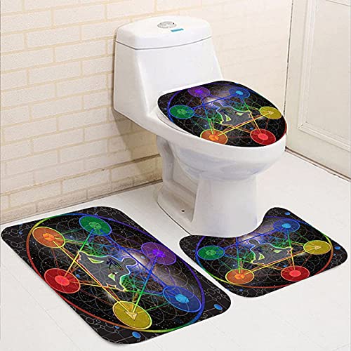 FFjingpu Colorful Chakras Shower Curtain Set Waterproof Washable Polyester Bath Curtain Anti-Slip Rugs Toilet Lid Cover Bath Mat Set（71X71Inch）