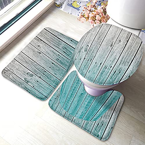 WONDERTIFY Wood Panels Bathroom Antiskid Pad Digital Tones Effect 3 Pieces Bathroom Rugs Set, Bath Mat+Contour+Toilet Lid Cover Teal Grey