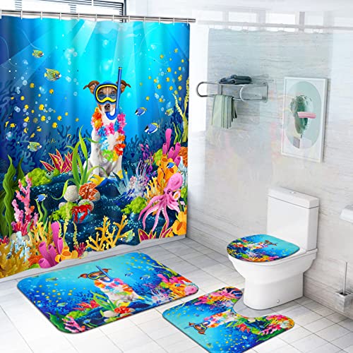 Likiyol 4 Pcs Funny Dog Shower Curtain Sets with Non-Slip Rugs, Toilet Lid Cover and Bath Mat, Blue Ocean Shower Curtain with 12 Hooks, Cute Kids Bathroom Decor