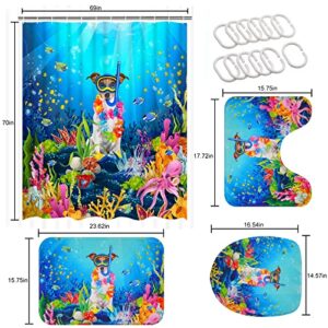 Likiyol 4 Pcs Funny Dog Shower Curtain Sets with Non-Slip Rugs, Toilet Lid Cover and Bath Mat, Blue Ocean Shower Curtain with 12 Hooks, Cute Kids Bathroom Decor