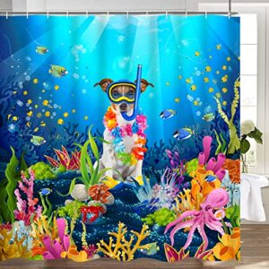 Likiyol 4 Pcs Funny Dog Shower Curtain Sets with Non-Slip Rugs, Toilet Lid Cover and Bath Mat, Blue Ocean Shower Curtain with 12 Hooks, Cute Kids Bathroom Decor