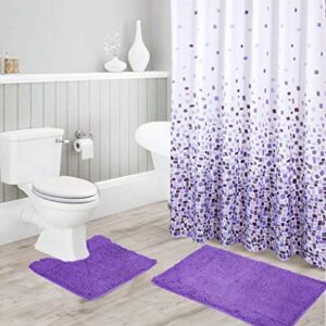 Luxury Chenille Bath Mats and Ombré Shower Curtain Set, Ultra Soft Non-Slip High Pile Water Absorbent Shaggy Chenille Bathroom Rugs and Abstract Mosaic Shower Curtain 15 Piece Set-Jasmine (Purple)