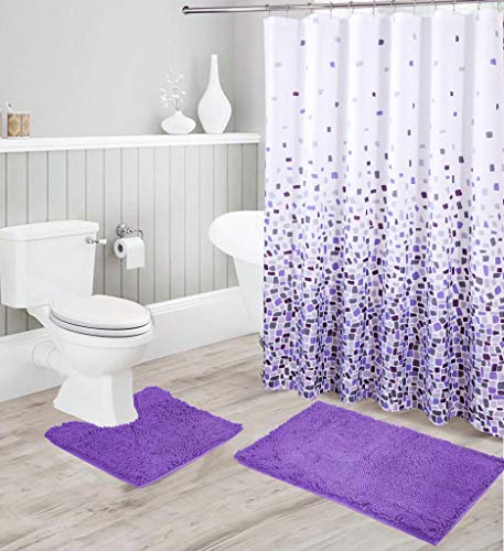 Luxury Chenille Bath Mats and Ombré Shower Curtain Set, Ultra Soft Non-Slip High Pile Water Absorbent Shaggy Chenille Bathroom Rugs and Abstract Mosaic Shower Curtain 15 Piece Set-Jasmine (Purple)