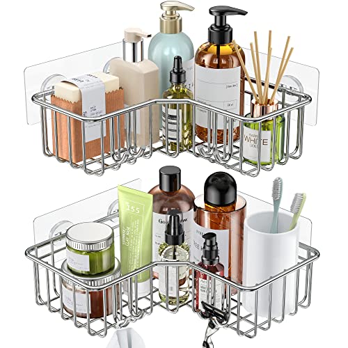 SMARTAKE Corner Shower Caddy Shower Shelf 2 Pack Adhesive Shower Rack with Hooks, SUS 304 Stainless Steel Shower Organizer for Bathroom Toilet Kitchen, Shower Storage for 90° Wall (Silver)