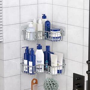 SMARTAKE Corner Shower Caddy Shower Shelf 2 Pack Adhesive Shower Rack with Hooks, SUS 304 Stainless Steel Shower Organizer for Bathroom Toilet Kitchen, Shower Storage for 90° Wall (Silver)