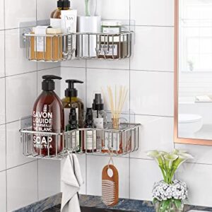 SMARTAKE Corner Shower Caddy Shower Shelf 2 Pack Adhesive Shower Rack with Hooks, SUS 304 Stainless Steel Shower Organizer for Bathroom Toilet Kitchen, Shower Storage for 90° Wall (Silver)