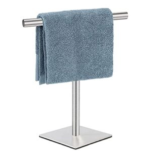 hand towel holder, stainless steel hand towel stand t-shaped silver brushed finish freestanding rack for bathroom kitchen countertop with square base