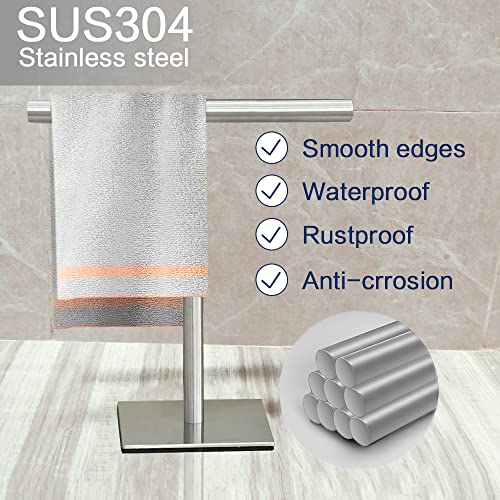 Hand Towel Holder, Stainless Steel Hand Towel Stand T-Shaped Silver Brushed Finish Freestanding Rack for Bathroom Kitchen Countertop with Square Base