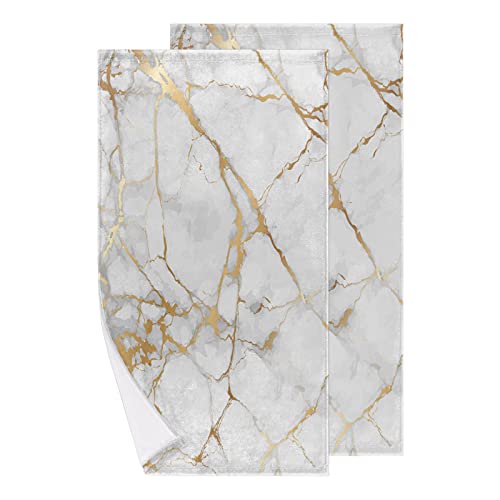 Marble Texture Hand Towels Set of 2, White Gold Marble Face Towel Highly Absorbent Ultra Soft Fingertip Bath Towel for Bathroom Home Sports Gym Decor